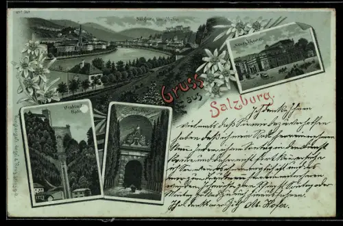 Mondschein-Lithographie Salzburg, Panorama mit Salzach und Festung, Neues Theater, Drahtseilbahn