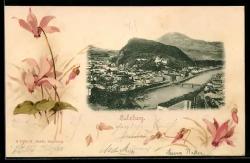 Lithographie Salzburg, Stadtansicht mit Salzach, Brücken und Festung Hohensalzburg