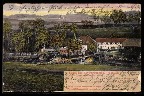AK St. Oswald bei Haslach, Gasthaus Furtmühle mit Brücke