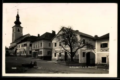 AK Kirchberg a. D., Strasse mit Kirche, Fleischhauerei und Häusern