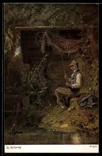 Künstler-AK Carl Spitzweg: Angler, alter Mann sitzt am Ufer und angelt