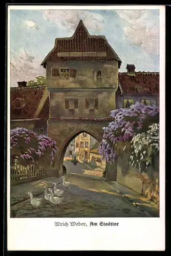 Künstler-AK Ulrich Weber: Gänseschar am Stadttor