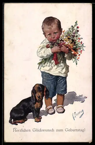 Künstler-AK Karl Feiertag: Kleiner Junge mit Hund und Blumen, Geburtstagsgruss