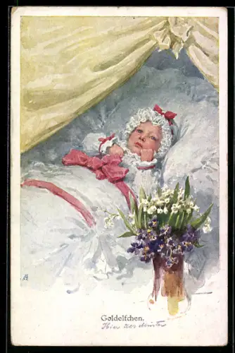 Künstler-AK Karl Feiertag: Goldelfchen, Säugling und Blumen in der Vase
