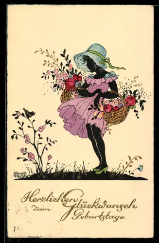 Künstler-AK Hannes Petersen: Mädchen mit Blumenkörben auf einer Wiese