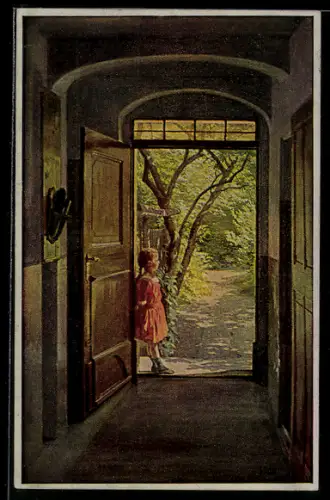 Künstler-AK Otto Kubel: Mädchen an einem Sonntag-Morgen in der Tür