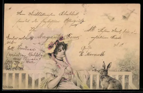 Künstler-AK Wichera: Elegante Dame und Hase auf einer Bank
