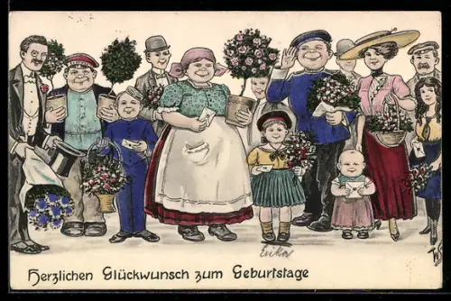 Künstler-AK Willi Scheuermann: Gratulanten mit Post und Blumensträussen