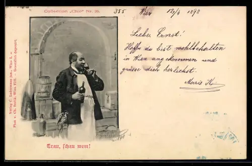 Künstler-AK Charles Scolik: Trau, schau wem, Mann mit Weinglas und Flasche