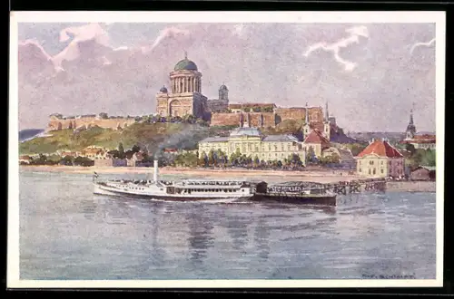 Künstler-AK Esztergom, Dampferpartie, Panorama