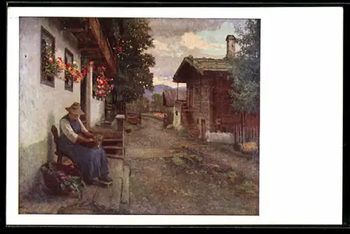 Künstler-AK Karl Maria Schuster: Bäuerin auf steirischem Bauernhof