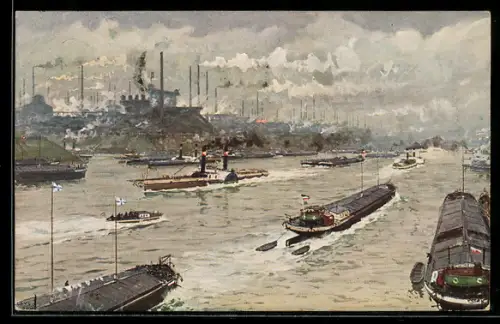 Künstler-AK Duisburg, Rheinschifffahrt, Industrieanlagen, Dampfschiffe