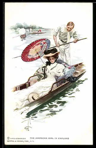 Künstler-AK Harrison Fisher: Hübsche Dame mit Sonnenschirm bei der Bootsfahrt