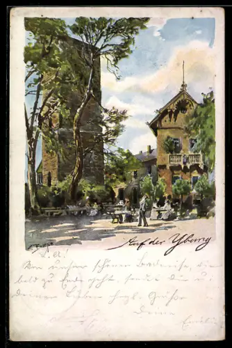 Künstler-AK Carl Biese: Yburg, Café-Terrassen auf der Yburg