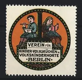 Reklamemarke Berlin, Verein für Kinder-Volksküchen u. Volkskinderhorte, Kinder mit Buch und Schüssel