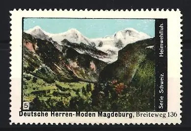 Reklamemarke Magdeburg, Deutsche Herren-Moden, Breiteweg 136, Schweizer Berglandschaft