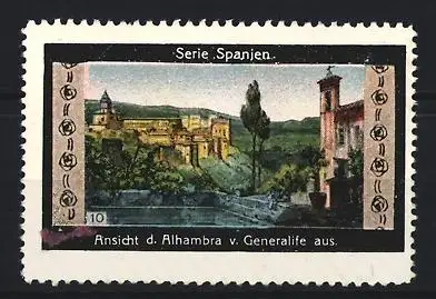Reklamemarke Generalife, Ansicht der Alhambra, Landschaftsansicht