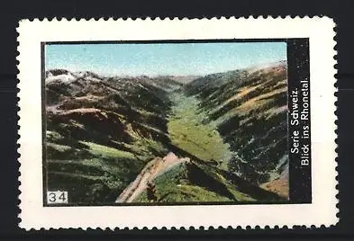 Reklamemarke Rhonetal i. d. Schweiz, Blick ins Rhonetal, Landschaftspanorama