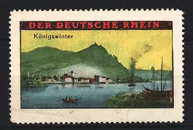Reklamemarke Königswinter /Rhein, Landschaft mit Fluss und Booten