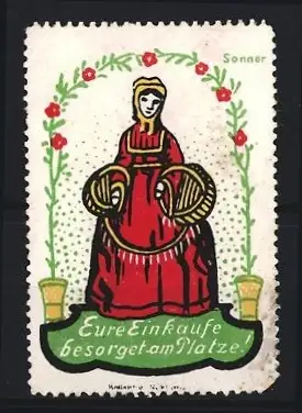 Künstler-Reklamemarke Sonner: Frau in rotem Kleid mit Körben