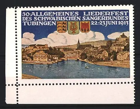 Reklamemarke Tübingen, 30. Allgemeines Liederfest des Schwäbischen Sängerbundes 1913, Ortsansicht und Wappen