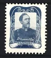 Reklamemarke Blumenthal, Porträt eines Mannes in Uniform, florales Muster