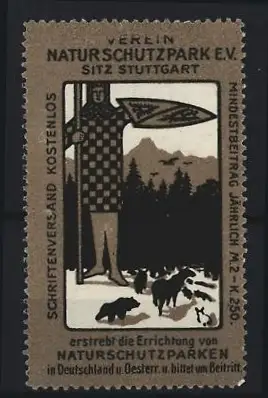 Reklamemarke Stuttgart, Verein Naturschutzpark e.V., Wächter mit Schild und Tieren
