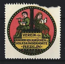 Reklamemarke Berlin, Verein für Kinder-Volksküchen u. Volkskinderhorte, Kinder mit Buch und Suppenschüssel