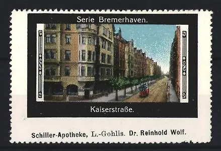 Reklamemarke Bremerhaven, Apotheke L.-Gohlis, Kaiserstrasse, Strassenansicht
