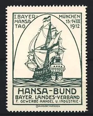 Reklamemarke München, I. Bayer. Hansatag 1912, Segelschiff