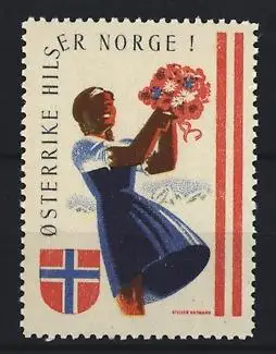 Reklamemarke Norwegen, Østerrike hilser Norge!, Frau mit Blumenstrauss