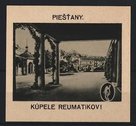 Reklamemarke Piestany, Kúpele Reumatikov!, Kurort, Gebäudeansicht