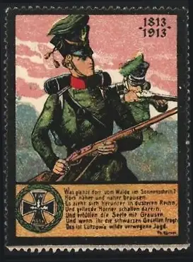 Reklamemarke Soldat mit Gewehr 1813, Text von Theodor Körner