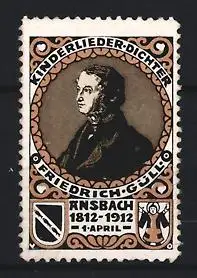 Reklamemarke Ansbach, Friedrich Güll, Kinderlieder-Dichter, Porträt und Wappen, 1812-1912