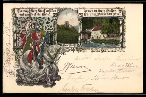 AK Aschach, Ruine Stauff und des Gasthauses Steinwand, Inh. L. Ziegler, mit Ritterbild