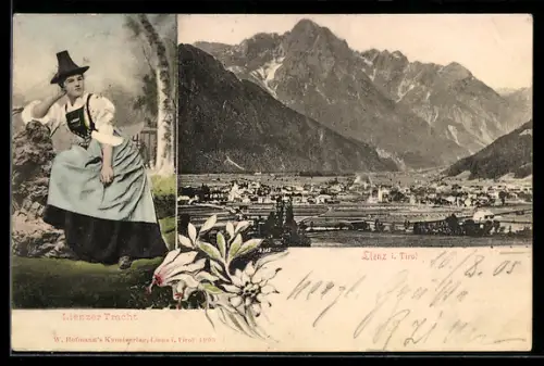 AK Lienz, Frau in Tracht und Bergpanorama