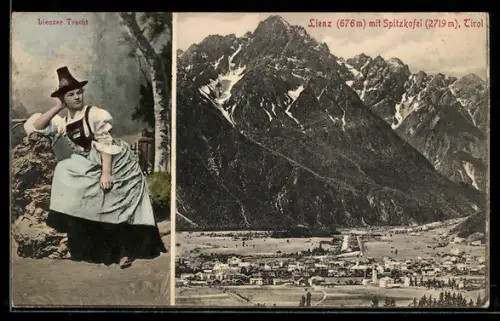 AK Lienz /Tirol, Teilansicht mit Spitzkofel, Lienzer Tracht