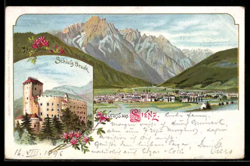 Lithographie Lienz, Schloss Bruck, Panorama mit Bergen