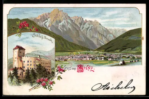 Lithographie Lienz, Schloss Bruck, Panorama mit Bergen