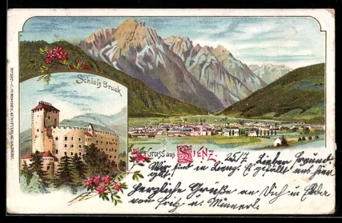 Lithographie Lienz, Schloss Bruck, Panorama mit Bergen