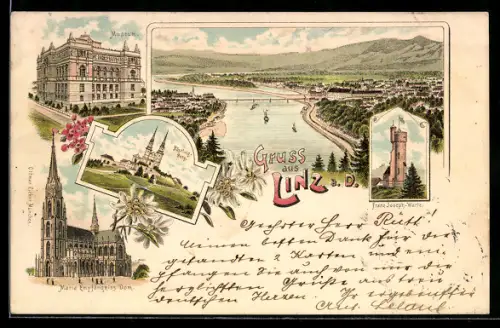 Lithographie Linz a. D., Maria Empfängniss Dom, Museum, Pöstling Berg