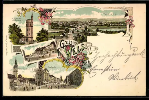 Lithographie Wels, Stadtpfarrkirche, Stadtplatz, Marienwarte am Reinberg