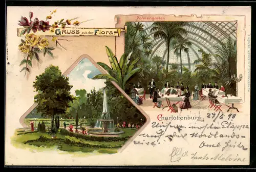 Lithographie Berlin-Charlottenburg, Gasthaus Flora, Brunnen im Park