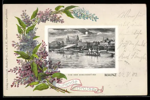 AK Mainz, Blick auf die Stadt bei Vollmond von der Schlossbrücke aus