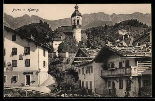 AK Hötting, Partie mit Turm, Häusern und Bergpanorama