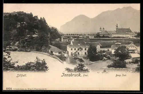 AK Innsbruck /Tirol, Panorama mit Sillfall und Berg Isel