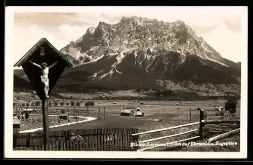 AK Lermoos, Blick auf Ehrwald und Zugspitze, Marterl