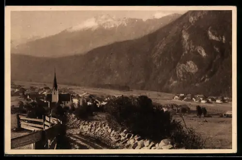 AK Umhausen, Dorf mit Kirche und Gebirgspanorama