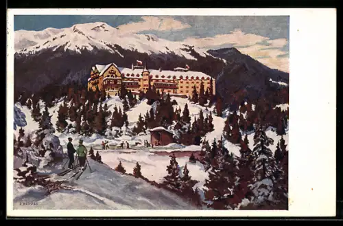Künstler-AK Obladis /Tirol, Kur- und Sporthotel Obladis, Skifahrer, Bergpanorama