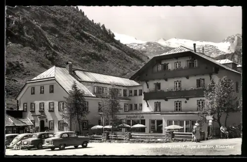 AK Hintertux, Hotel Badgasthof S. Kirchler mit Café, Bergpanorama